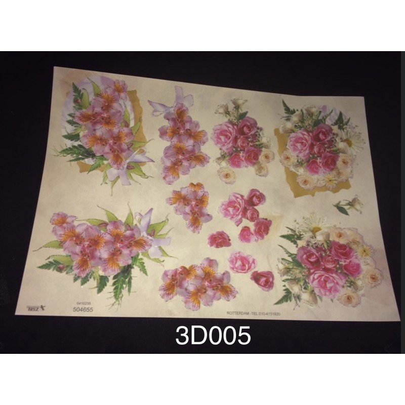 3D Embossed / Gilded Decoupage sheet - Pink Flowers