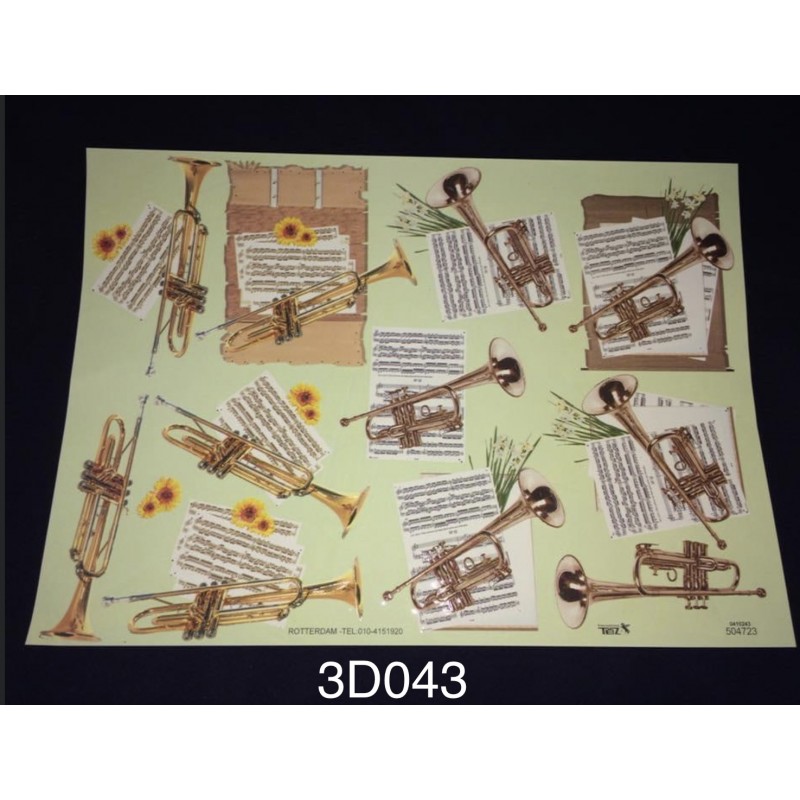 3D Embossed / Gilded Decoupage sheet - Trumpets & Music Sheets