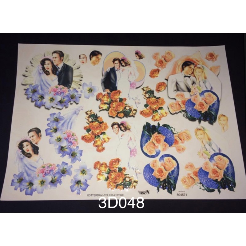 3D Embossed / Gilded Decoupage sheet - Bride Groom & Flowers