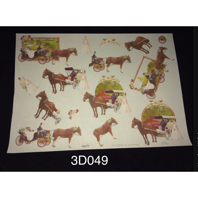 3D Embossed / Gilded Decoupage sheet - Bride Groom Horse & Cart Faded