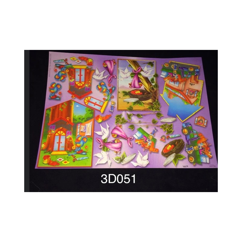 3D Embossed / Gilded Decoupage sheet - Mice Doves Children & Houses