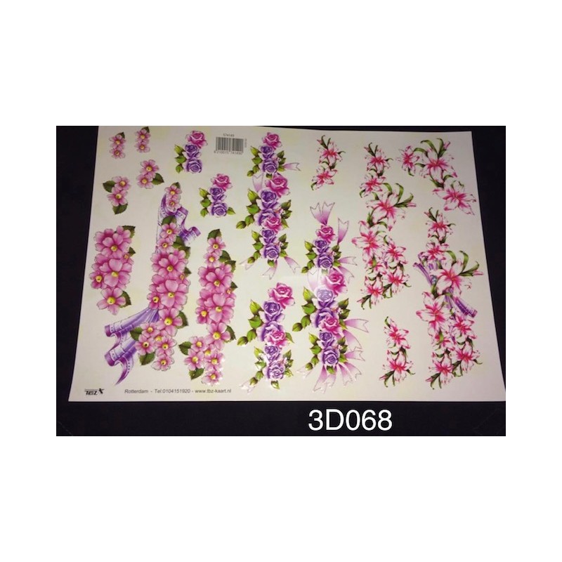 3D Embossed / Gilded Decoupage sheet - Pink & Lilac Flowers