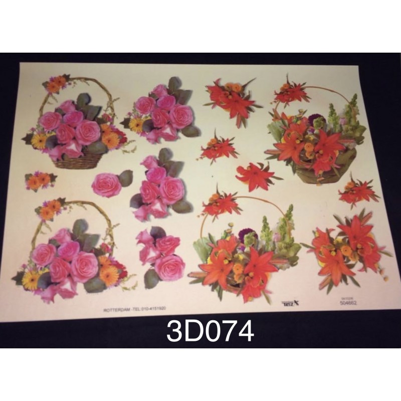 D Embossed / Gilded Decoupage sheet - Pink Red Flowers & Basket Flowers