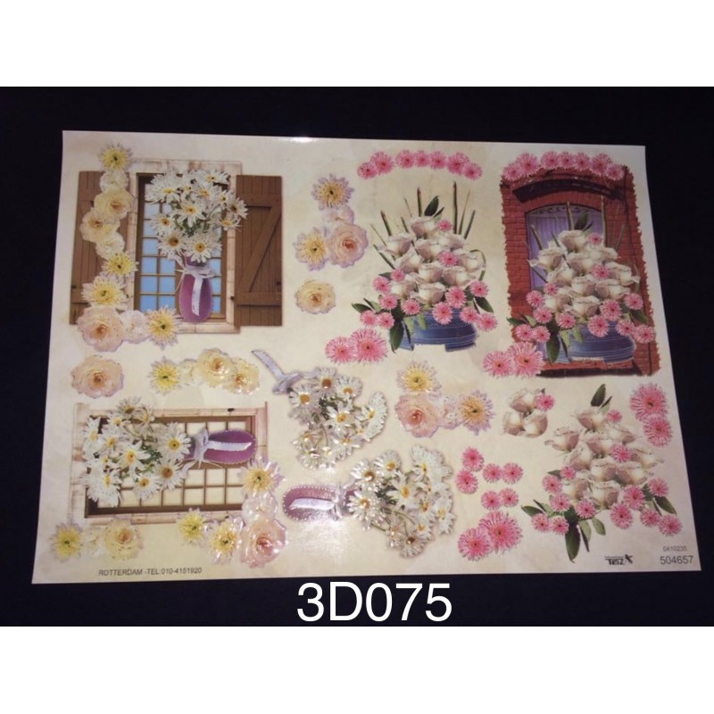 3D Embossed / Gilded Decoupage sheet - White Pink Cream Flowers Arrangement